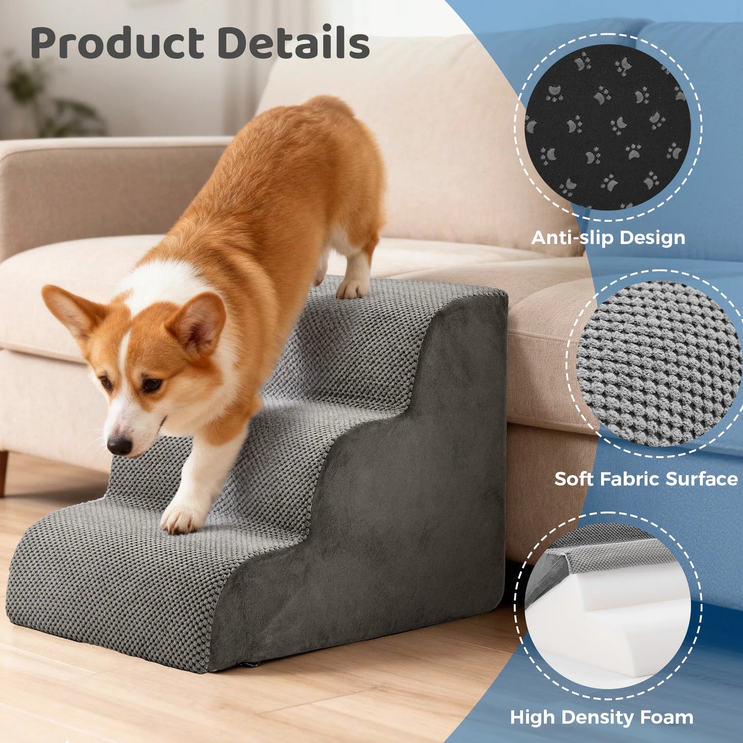 JHK 3-5 Step High-Density Foam Dog Stairs Ramp for Small Dogs Curved Pet Dog Steps Indoor Non-Slip Pet Ladder Ramp Stairs
