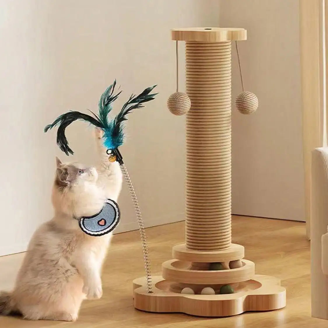 Solid Wood Cat Claw Pole With Catnip Ball, Sword Hemp Rope, Feather Playful Ball And Multi-Layer Platform