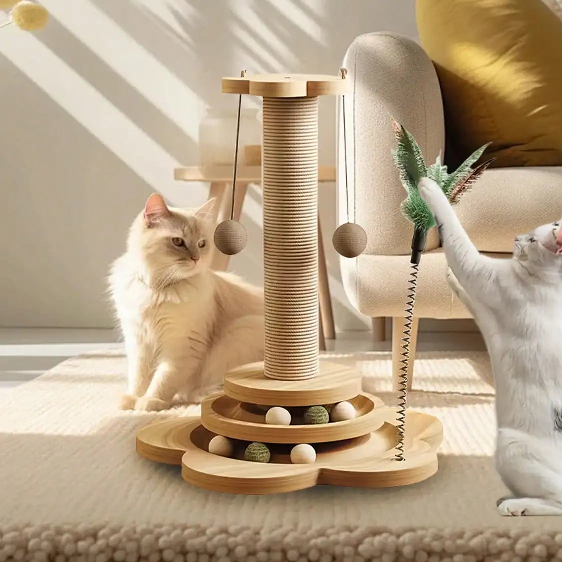 Solid Wood Cat Claw Pole With Catnip Ball, Sword Hemp Rope, Feather Playful Ball And Multi-Layer Platform