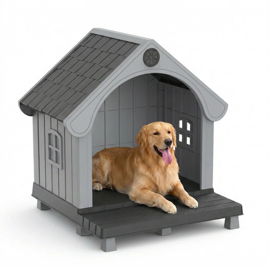 Elevated Resin Dog House with Sloped Roof, Weatherproof Outdoor Pet Shelter for Small Medium Dogs, All Season Backyard Dog Bed