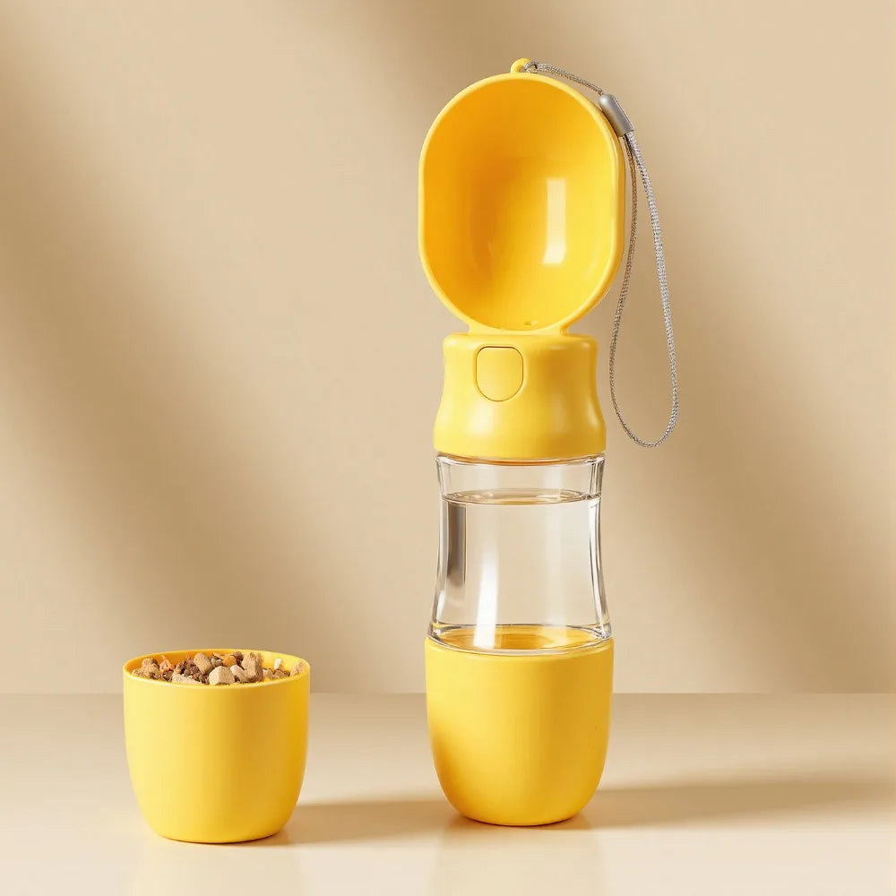 Leak-proof Outdoor Dog Water Bottle Sealed with Filter Water Dispenser Button Press Design to fill reservoir, other model hidden treat stash container.