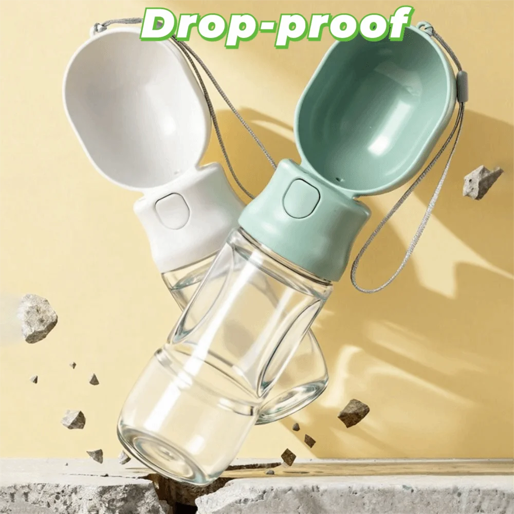 Leak-proof Outdoor Dog Water Bottle Sealed with Filter Water Dispenser Button Press Design to fill reservoir, other model hidden treat stash container.