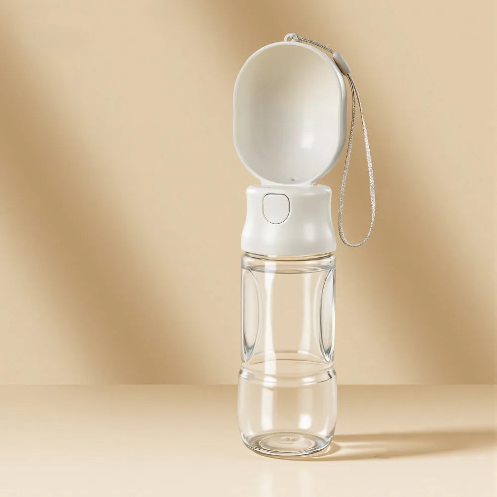 Leak-proof Outdoor Dog Water Bottle Sealed with Filter Water Dispenser Button Press Design to fill reservoir, other model hidden treat stash container.