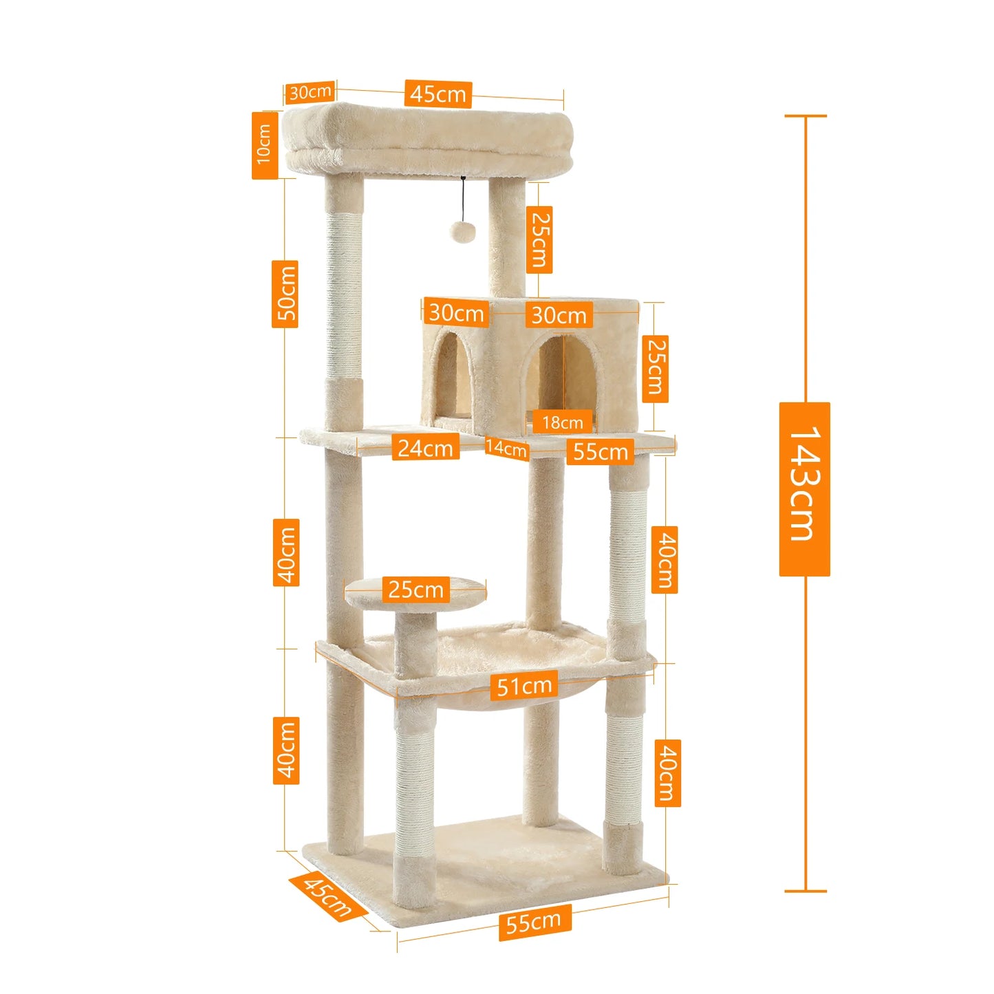 Cat Tree for Indoor Cats 5-Level Cat Tower for Large Cats with Large Hammock Covered Scratching Posts Cozy Condo