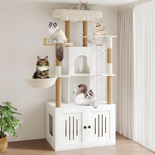 Cat Tree With Litter Box Enclosure Multi Level Cat Tower Hidden Litter Box Furniture Large Plush Top Perch Sisal Scratching Posts Cat Condo And Hammock For Indoor Cats Living Room